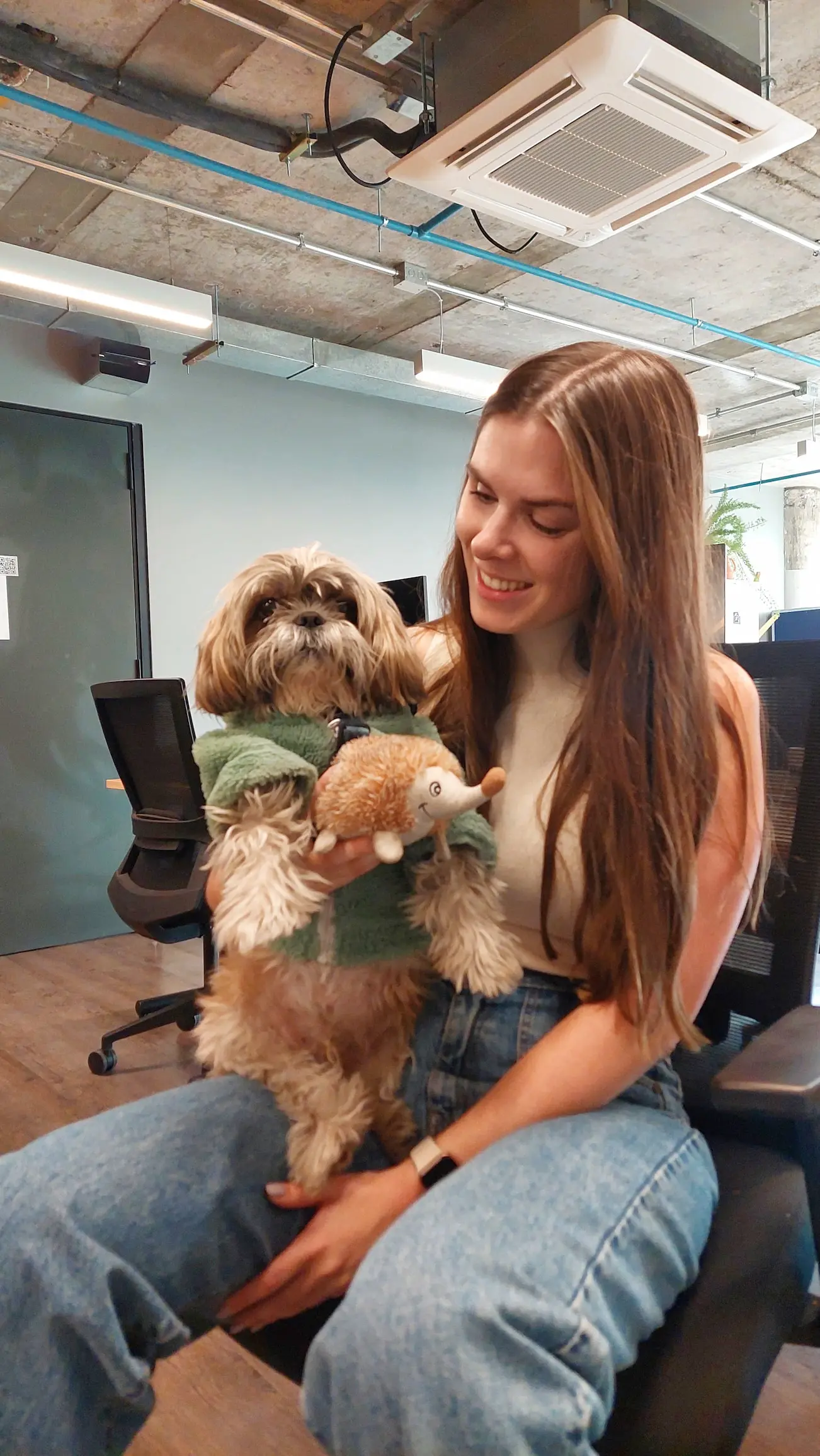 A team member holding a small dog at a Howdy House desk